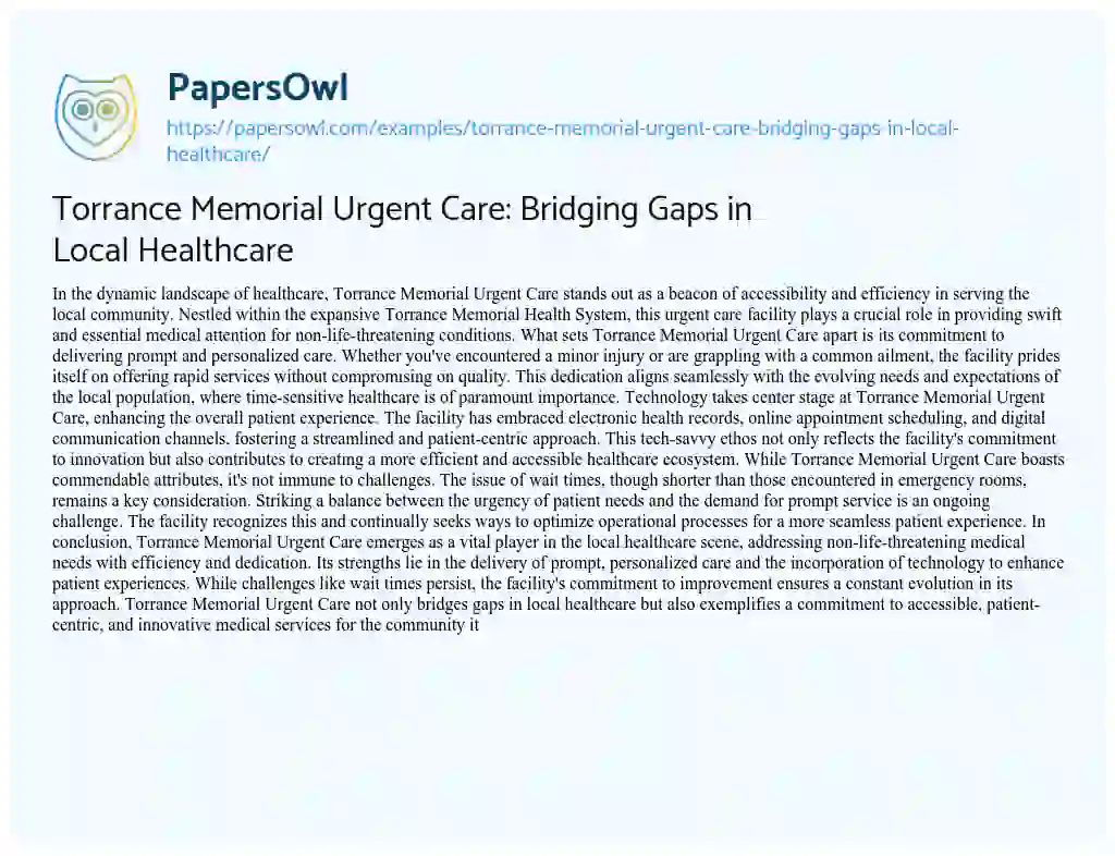 Essay on Torrance Memorial Urgent Care: Bridging Gaps in Local Healthcare
