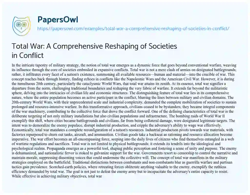 Essay on Total War: a Comprehensive Reshaping of Societies in Conflict