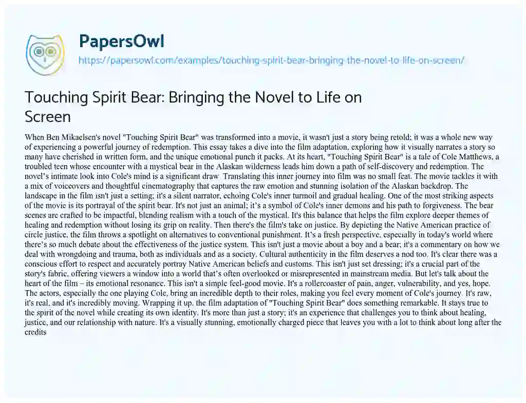 Essay on Touching Spirit Bear: Bringing the Novel to Life on Screen