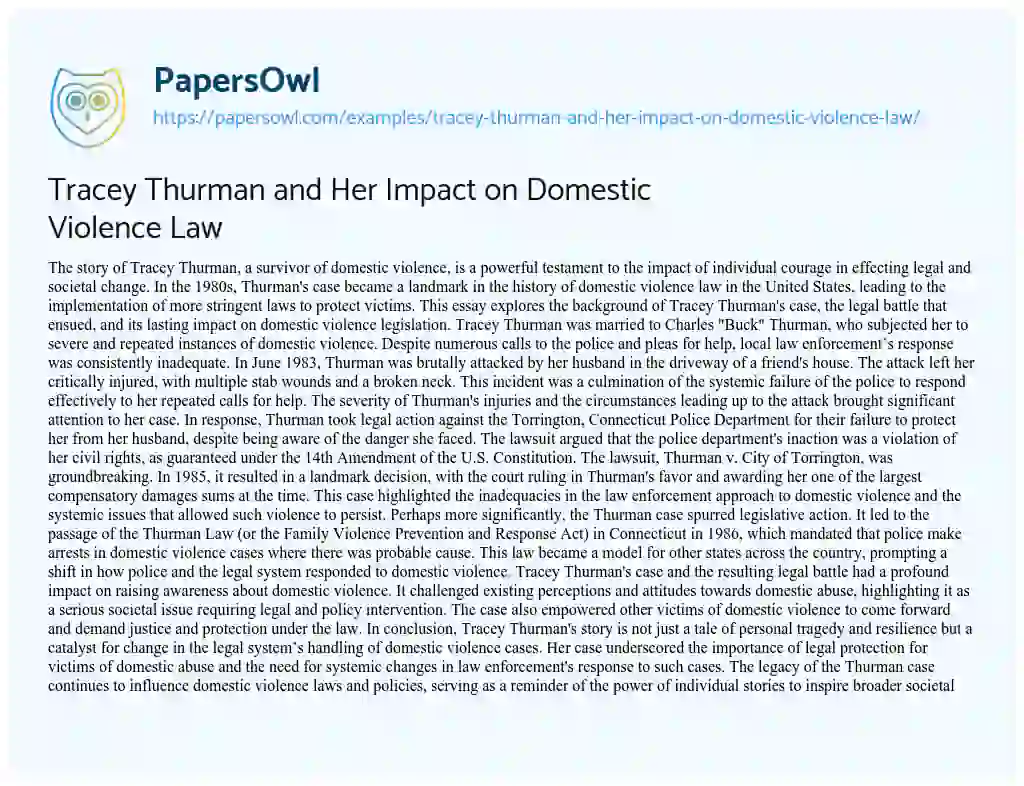 Essay on Tracey Thurman and her Impact on Domestic Violence Law