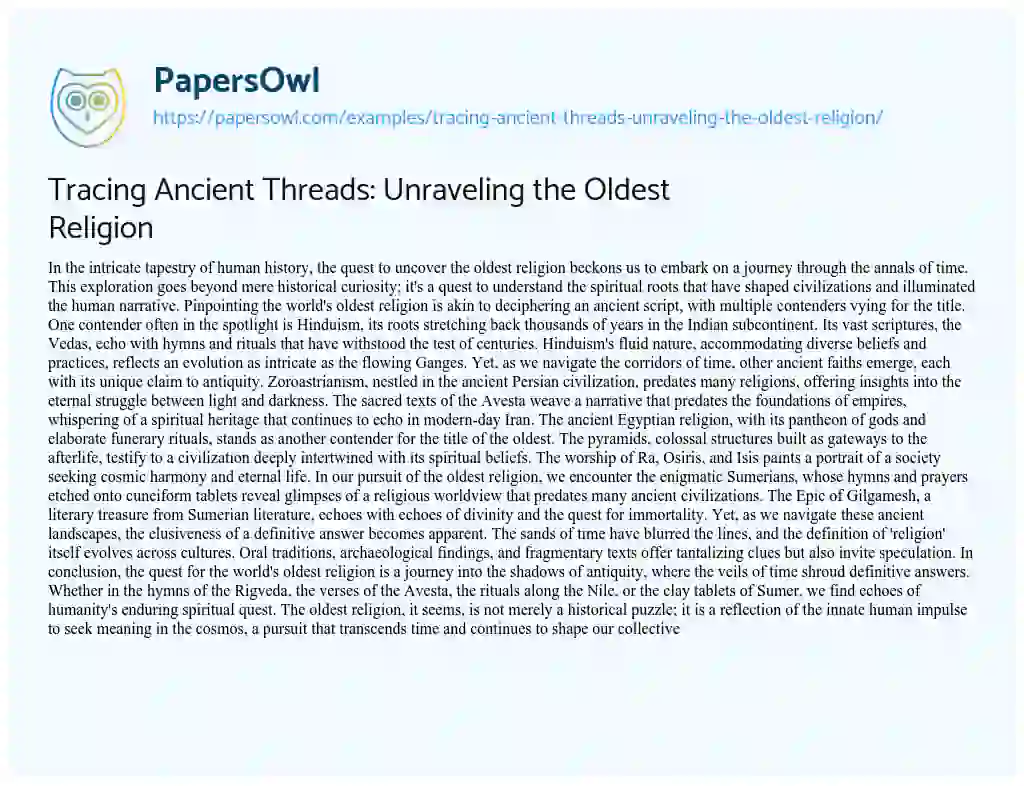 Essay on Tracing Ancient Threads: Unraveling the Oldest Religion