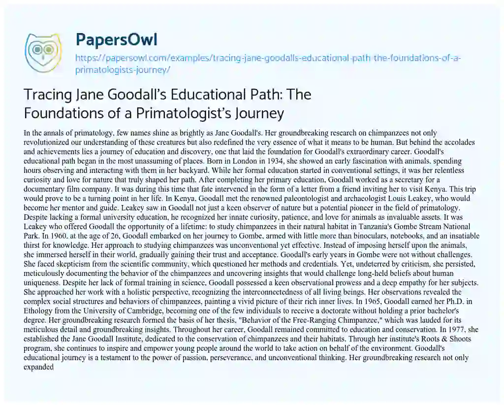 Essay on Tracing Jane Goodall’s Educational Path: the Foundations of a Primatologist’s Journey