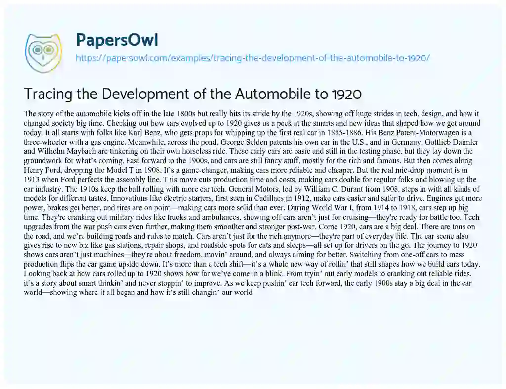 Essay on Tracing the Development of the Automobile to 1920