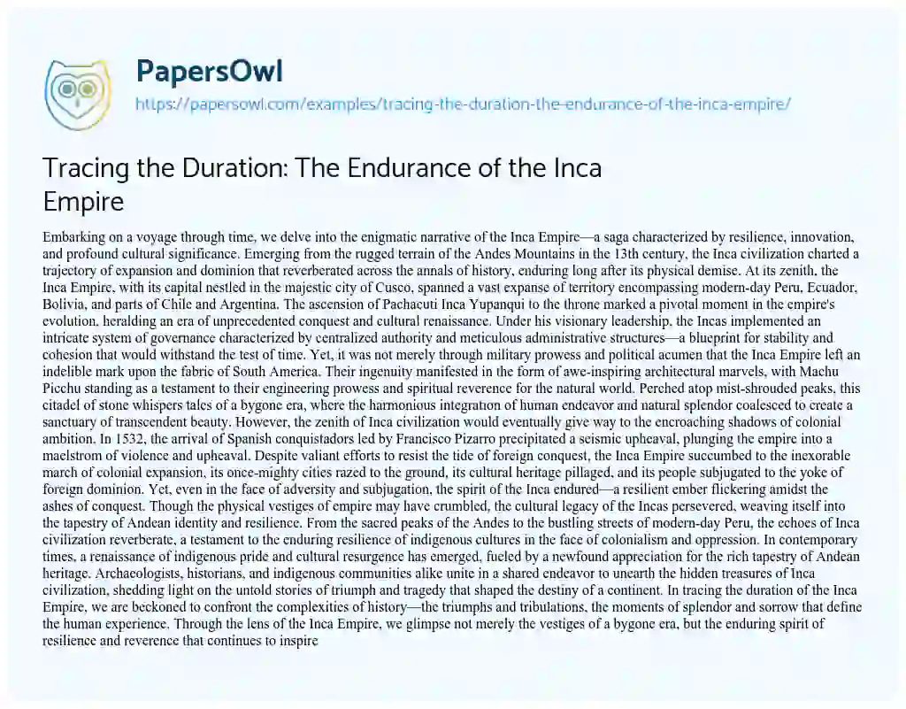 Essay on Tracing the Duration: the Endurance of the Inca Empire