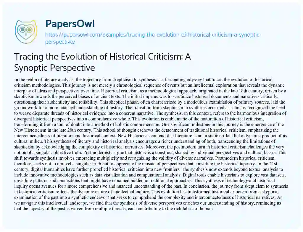 Essay on Tracing the Evolution of Historical Criticism: a Synoptic Perspective