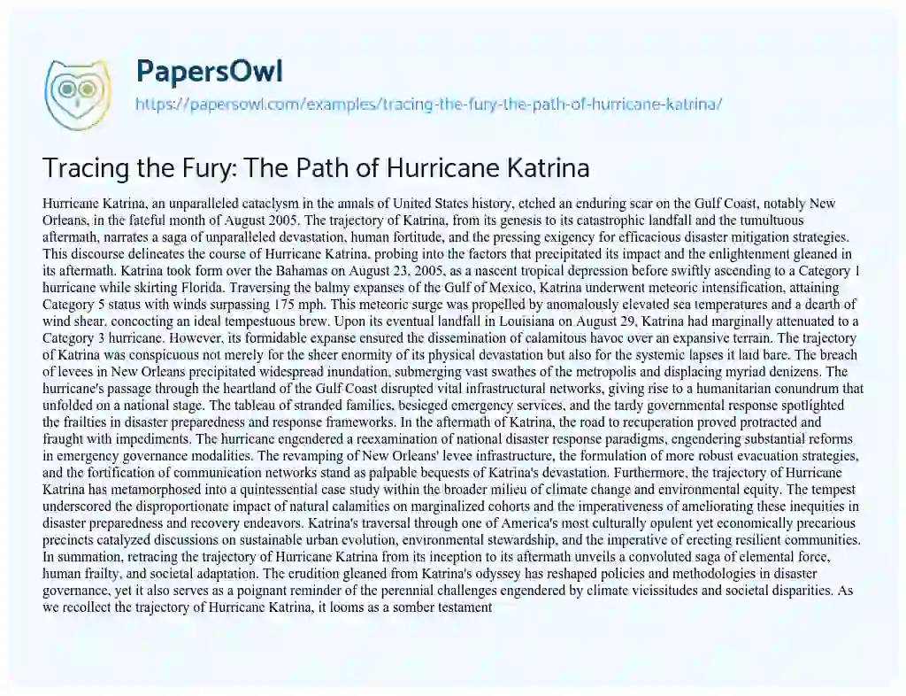 Essay on Tracing the Fury: the Path of Hurricane Katrina
