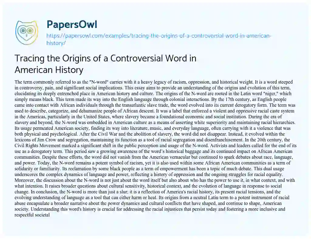 Essay on Tracing the Origins of a Controversial Word in American History