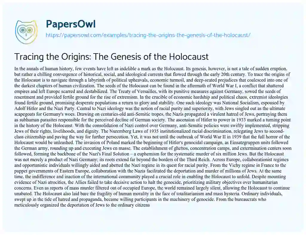 Essay on Tracing the Origins: the Genesis of the Holocaust