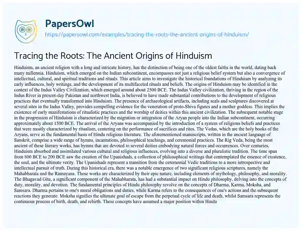Essay on Tracing the Roots: the Ancient Origins of Hinduism