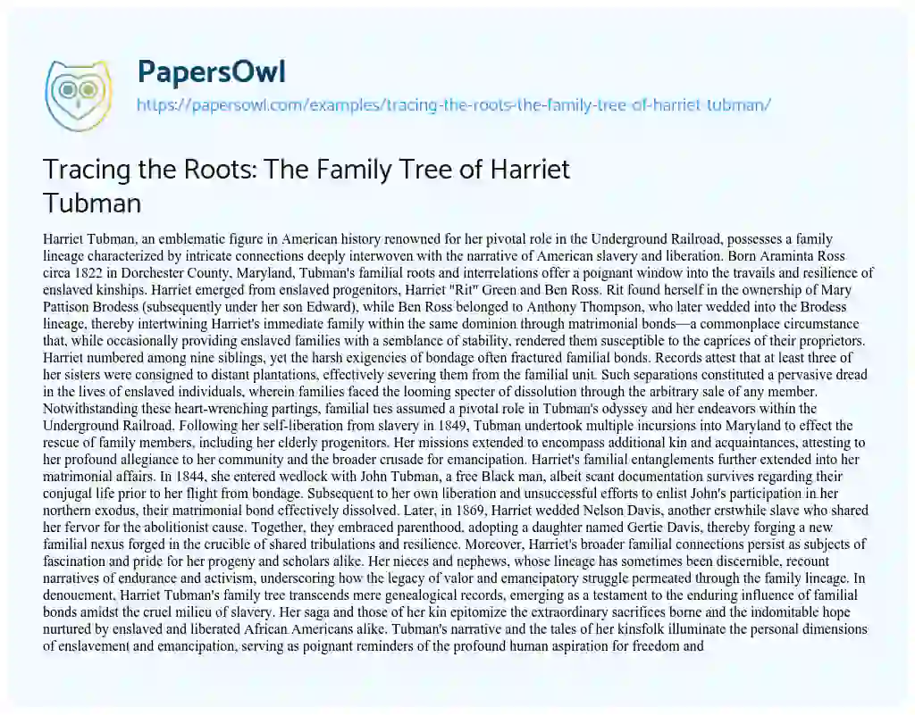 Essay on Tracing the Roots: the Family Tree of Harriet Tubman