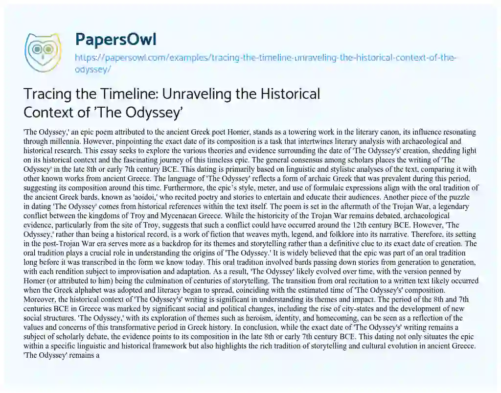 Essay on Tracing the Timeline: Unraveling the Historical Context of ‘The Odyssey’