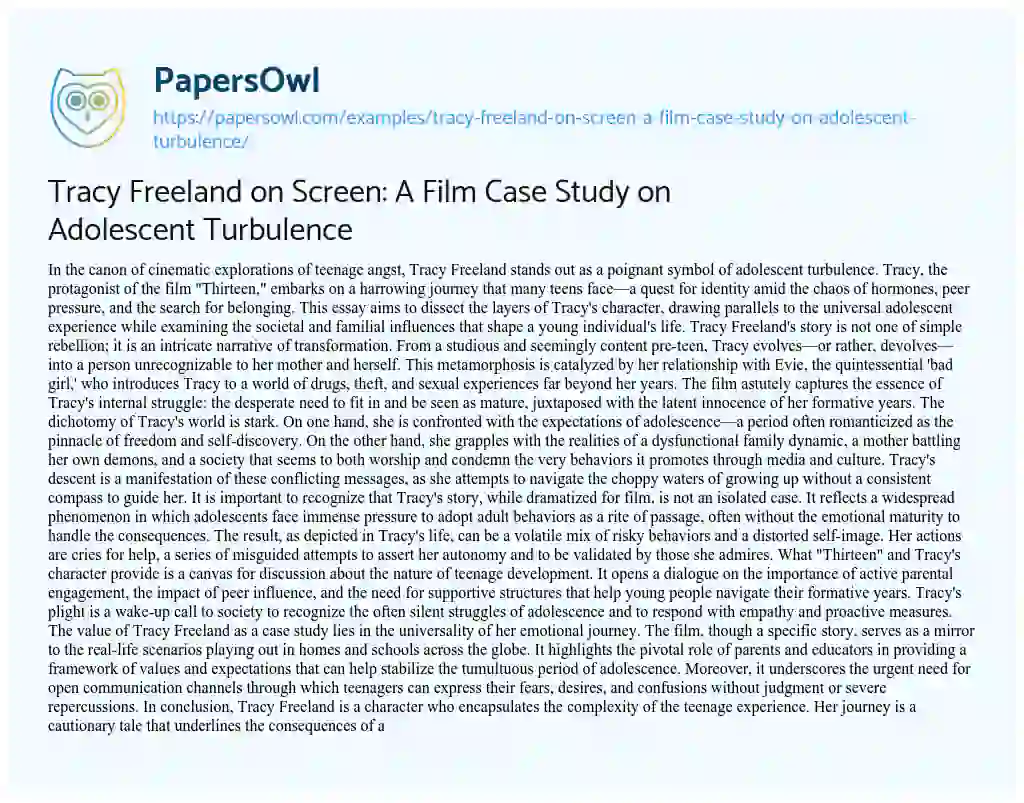 Essay on Tracy Freeland on Screen: a Film Case Study on Adolescent Turbulence