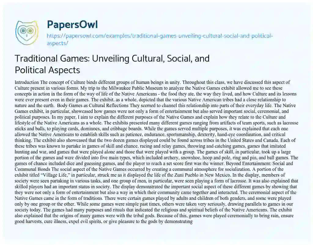 Essay on Traditional Games: Unveiling Cultural, Social, and Political Aspects