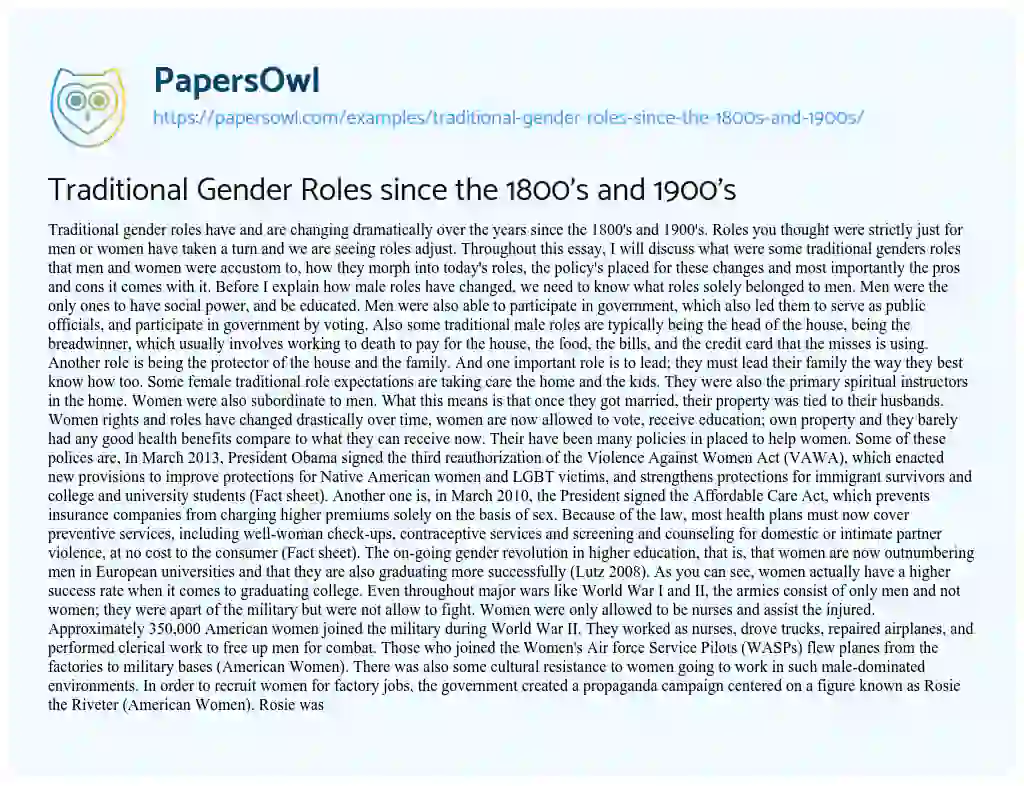 Traditional Gender Roles Since the 1800’s and 1900’s essay