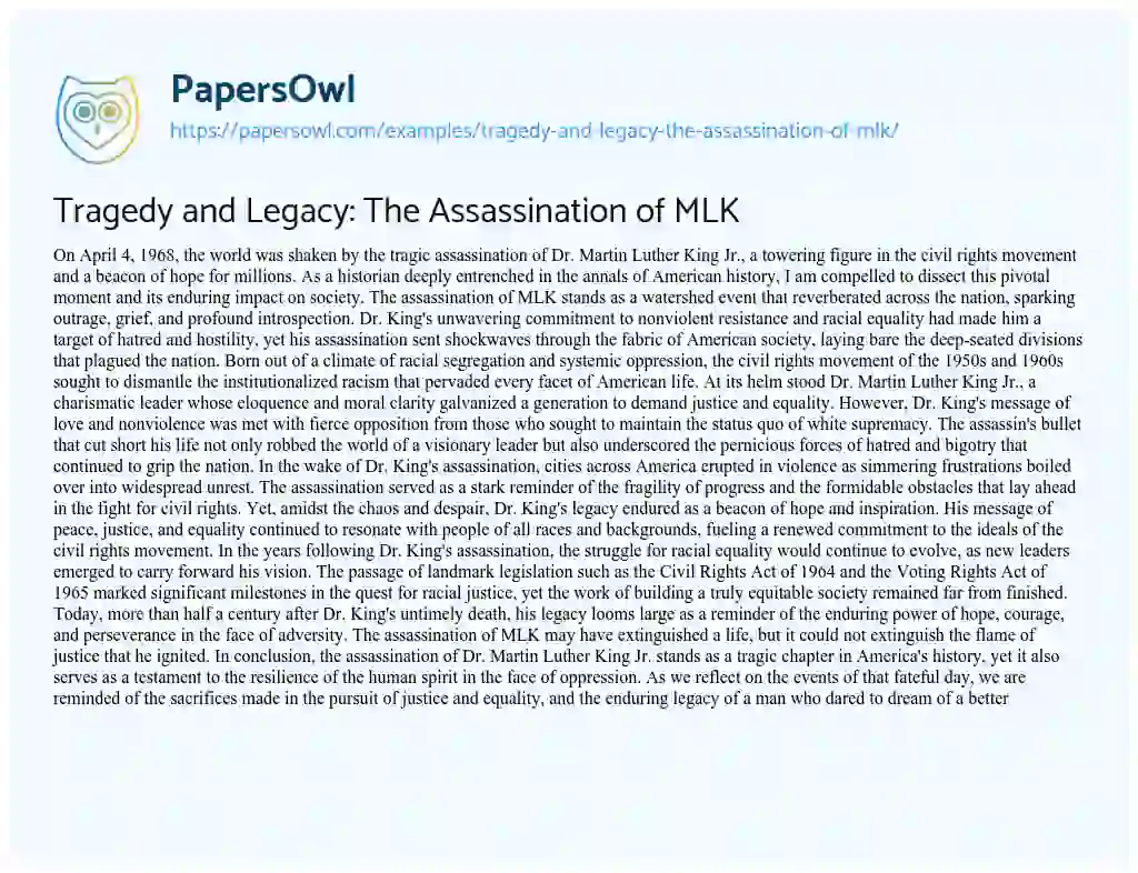 Essay on Tragedy and Legacy: the Assassination of MLK