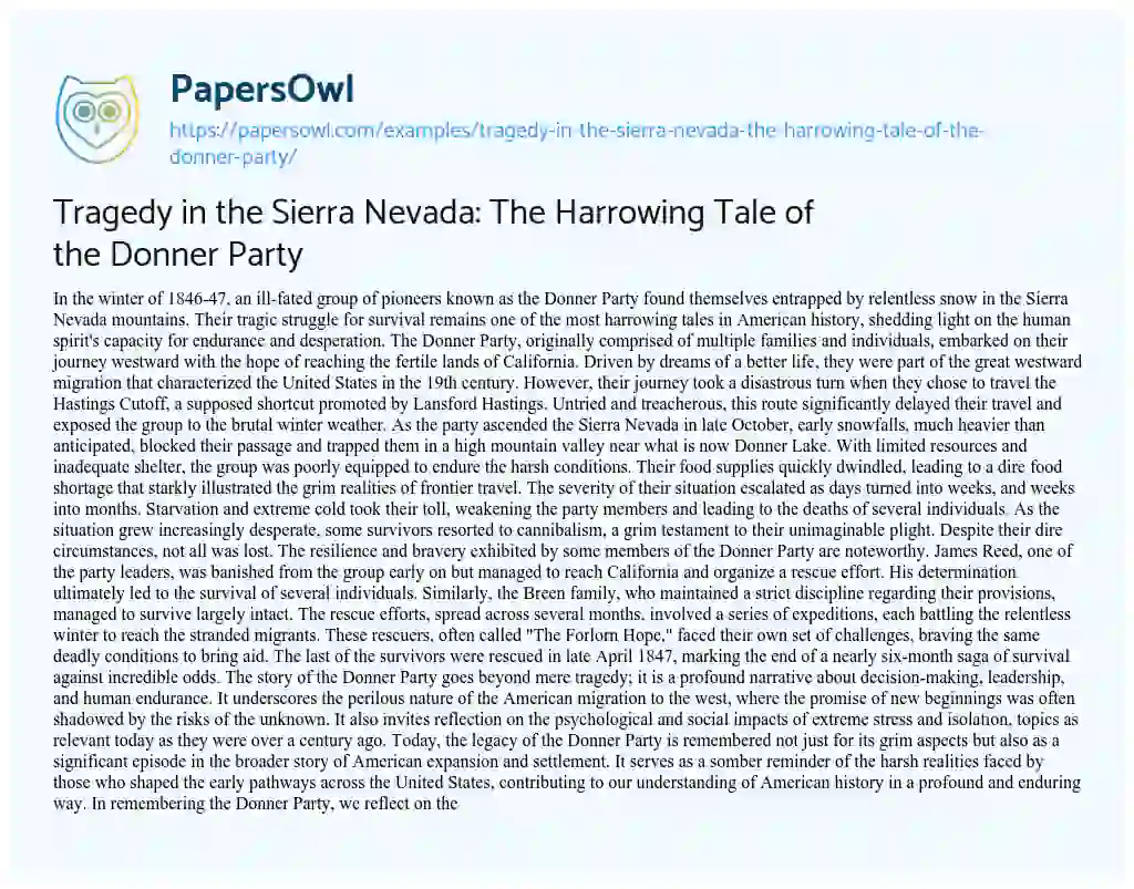 Essay on Tragedy in the Sierra Nevada: the Harrowing Tale of the Donner Party