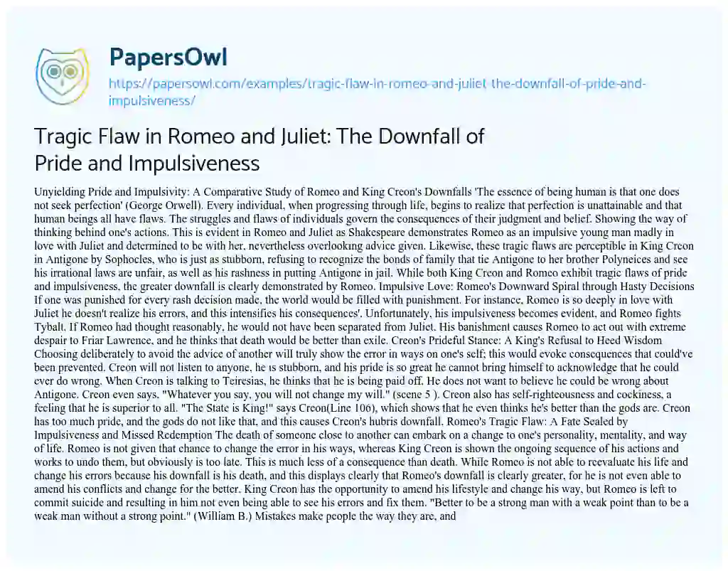Essay on Tragic Flaw in Romeo and Juliet: the Downfall of Pride and Impulsiveness