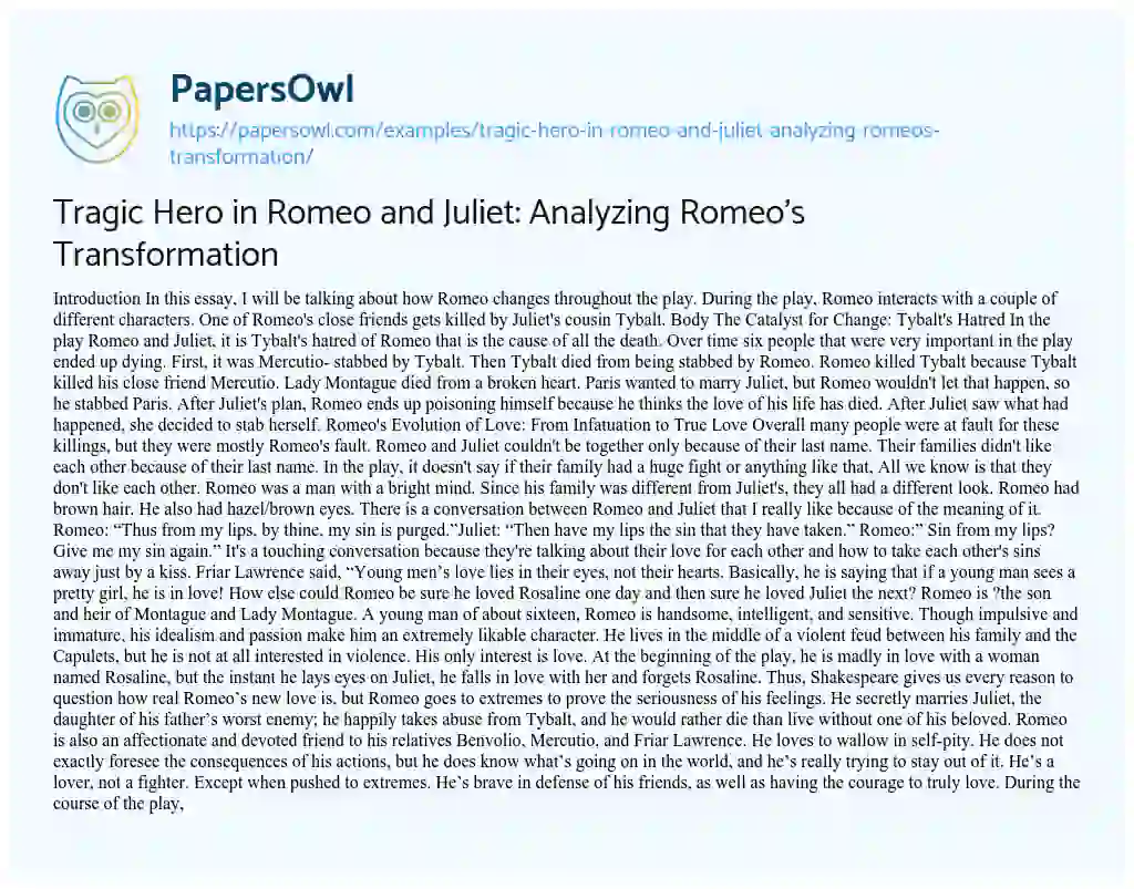 Essay on Tragic Hero in Romeo and Juliet: Analyzing Romeo’s Transformation