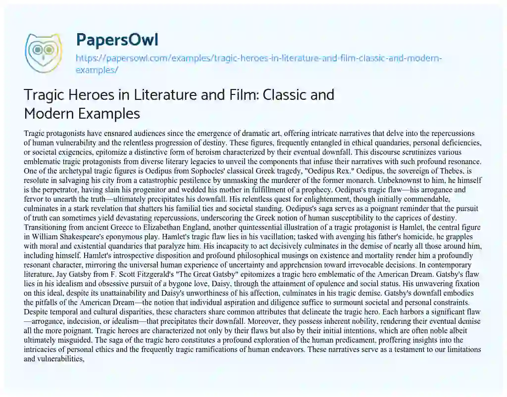 Essay on Tragic Heroes in Literature and Film: Classic and Modern Examples