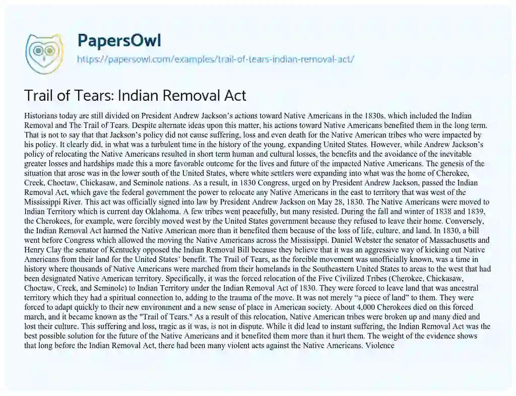 Essay on Trail of Tears: Indian Removal Act