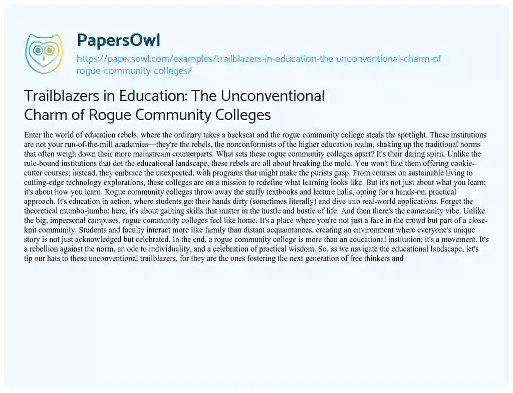 Essay on Trailblazers in Education: the Unconventional Charm of Rogue Community Colleges