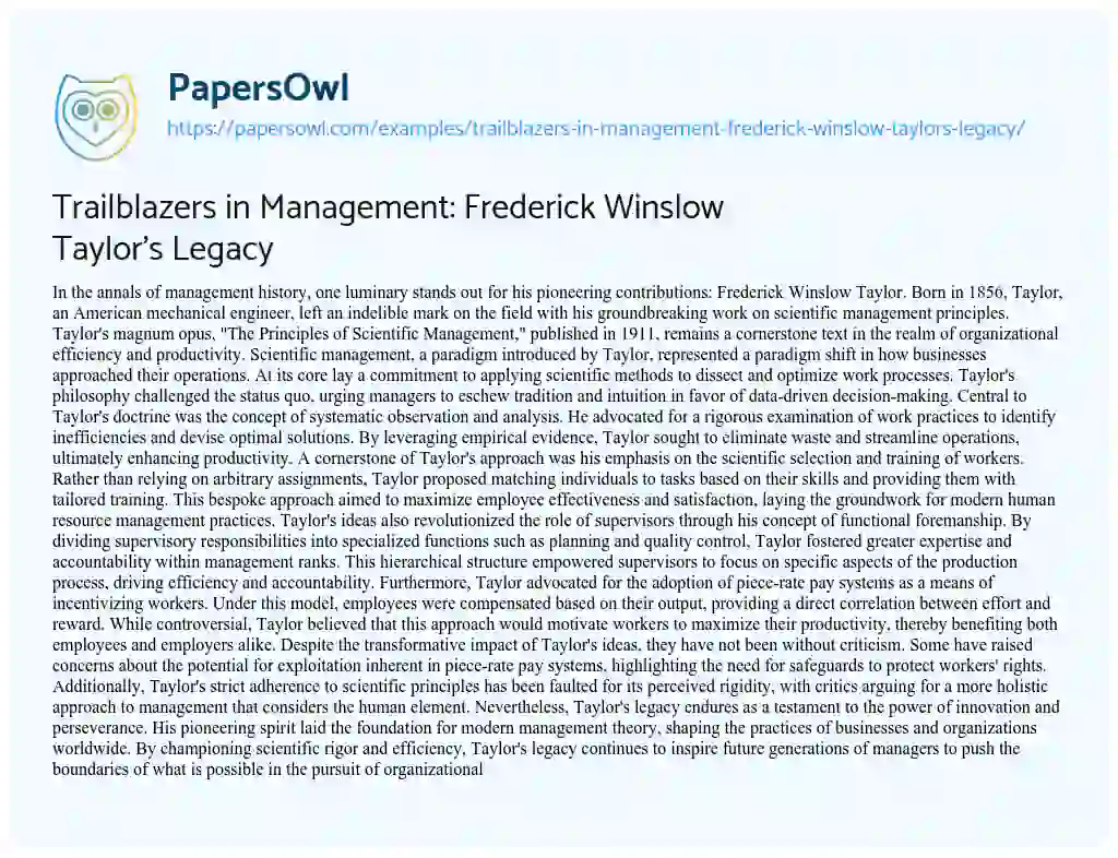 Essay on Trailblazers in Management: Frederick Winslow Taylor’s Legacy