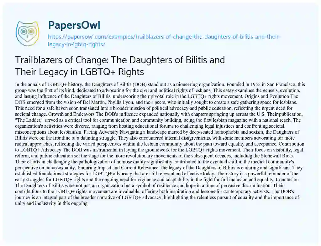 Essay on Trailblazers of Change: the Daughters of Bilitis and their Legacy in LGBTQ+ Rights