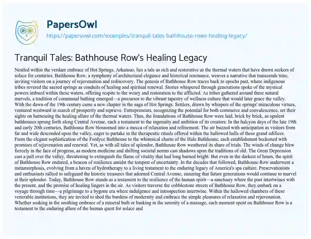 Essay on Tranquil Tales: Bathhouse Row’s Healing Legacy