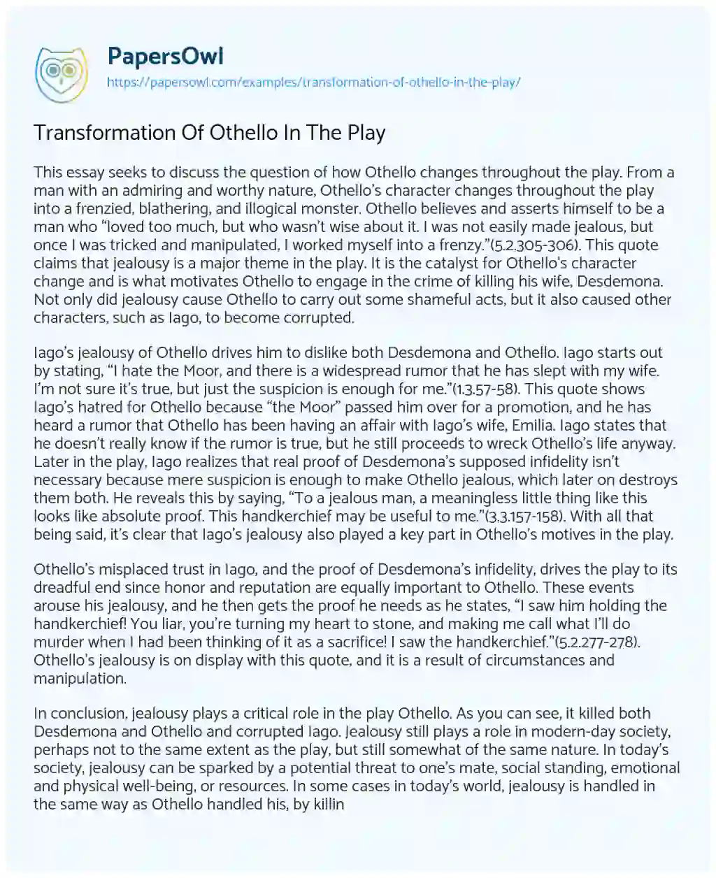 Essay on Transformation of Othello in the Play