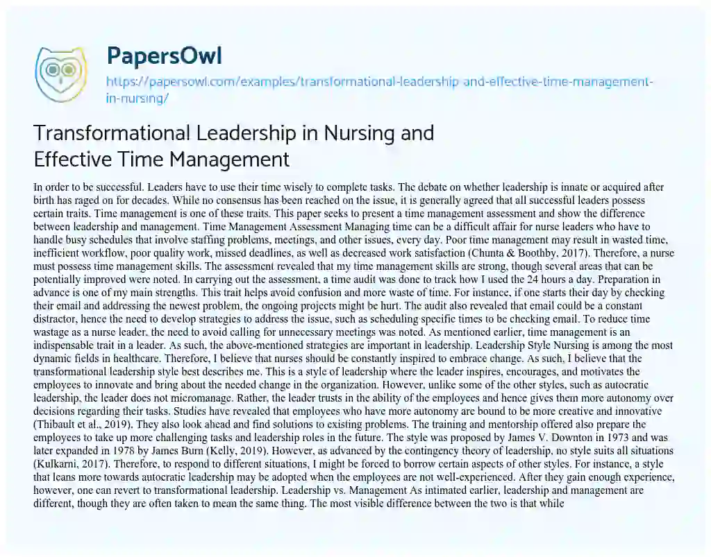 Essay on Transformational Leadership  in Nursing and Effective Time Management