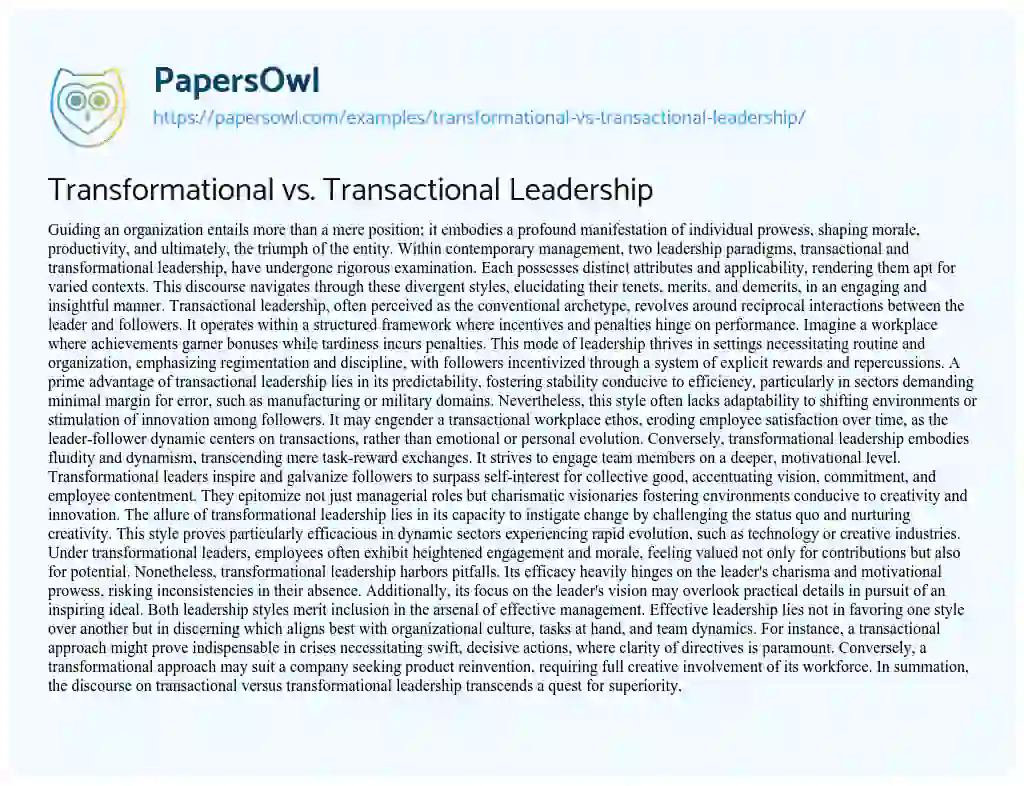 Essay on Transformational vs. Transactional Leadership