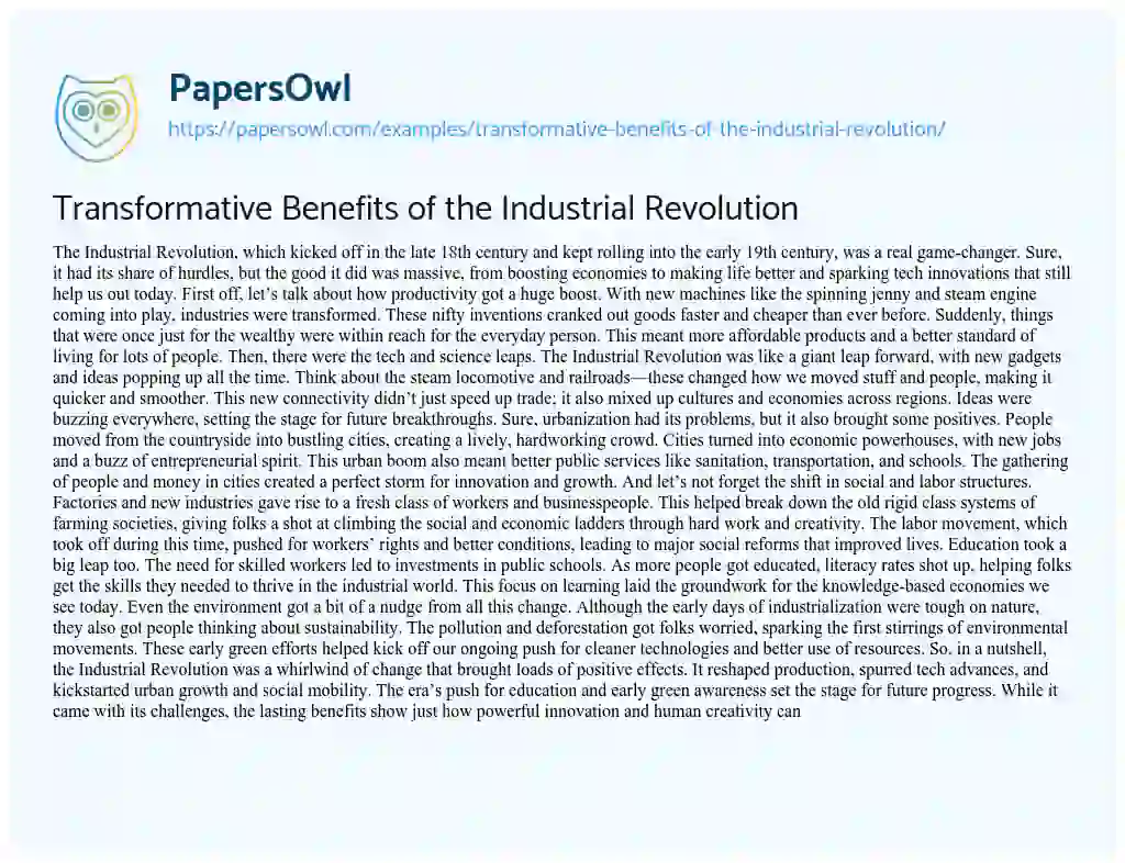 Essay on Transformative Benefits of the Industrial Revolution