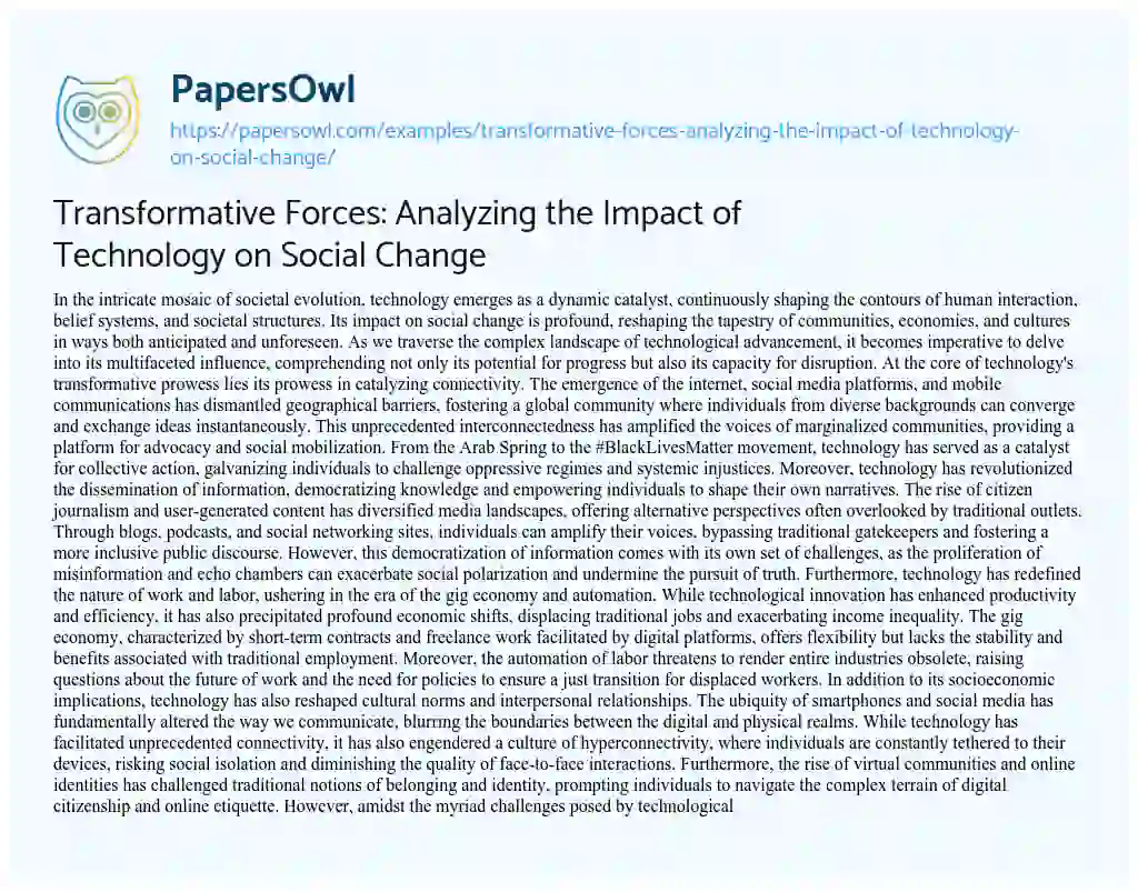 Essay on Transformative Forces: Analyzing the Impact of Technology on Social Change