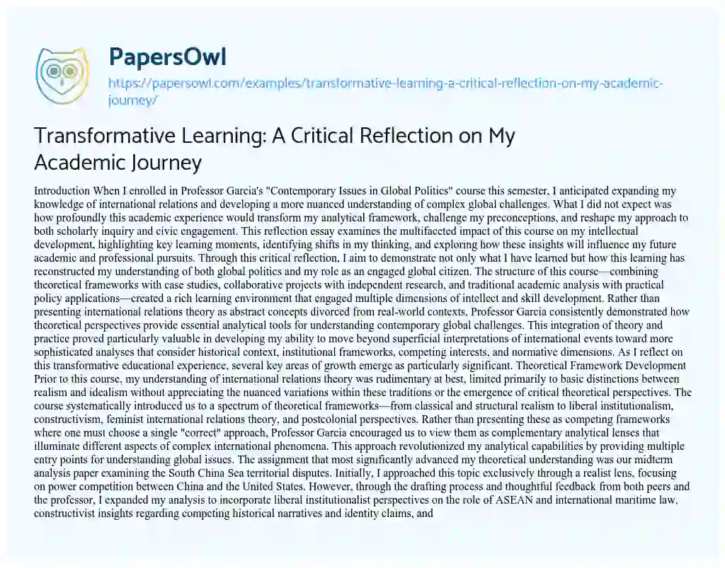 Essay on Transformative Learning: A Critical Reflection on My Academic Journey