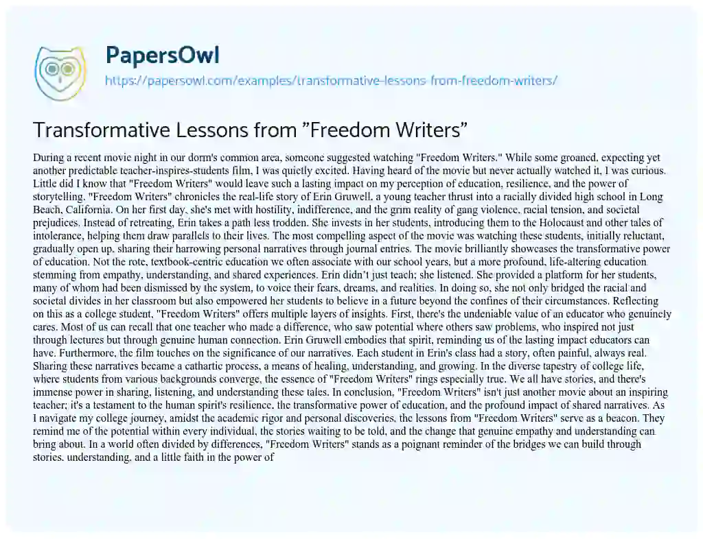 Essay on Transformative Lessons from “Freedom Writers”