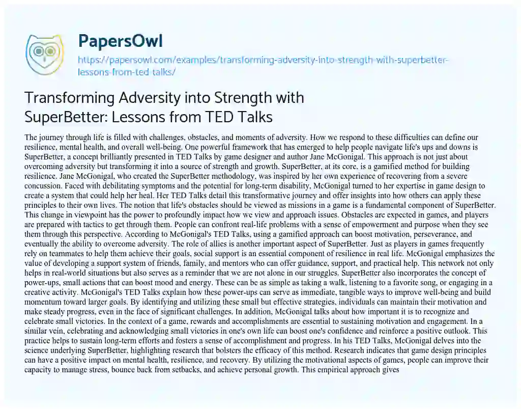 Essay on Transforming Adversity into Strength with SuperBetter: Lessons from TED Talks