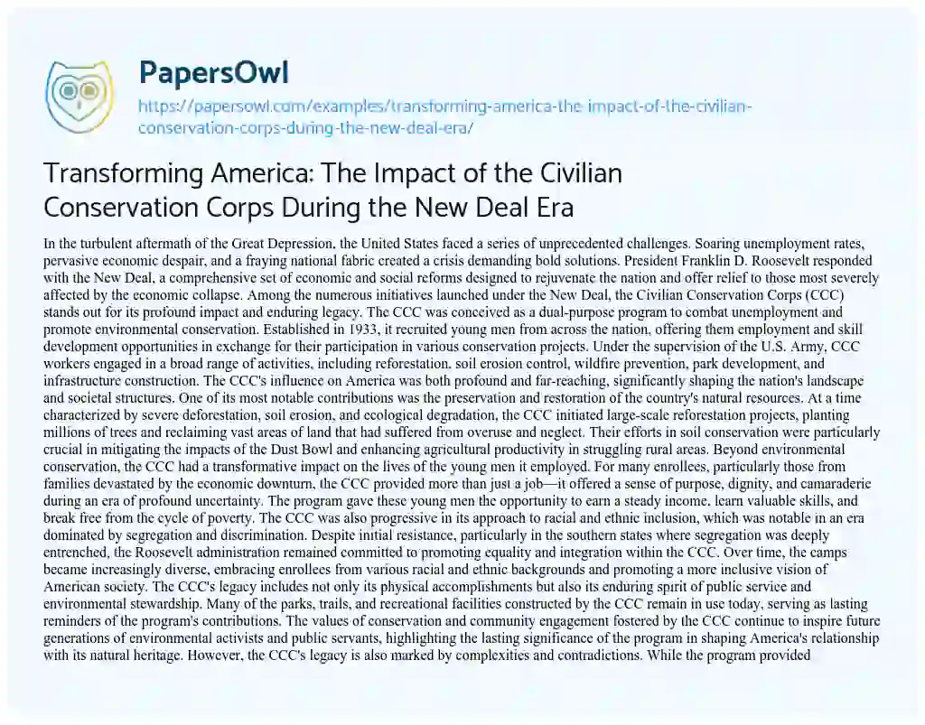 Essay on Transforming America: the Impact of the Civilian Conservation Corps during the New Deal Era