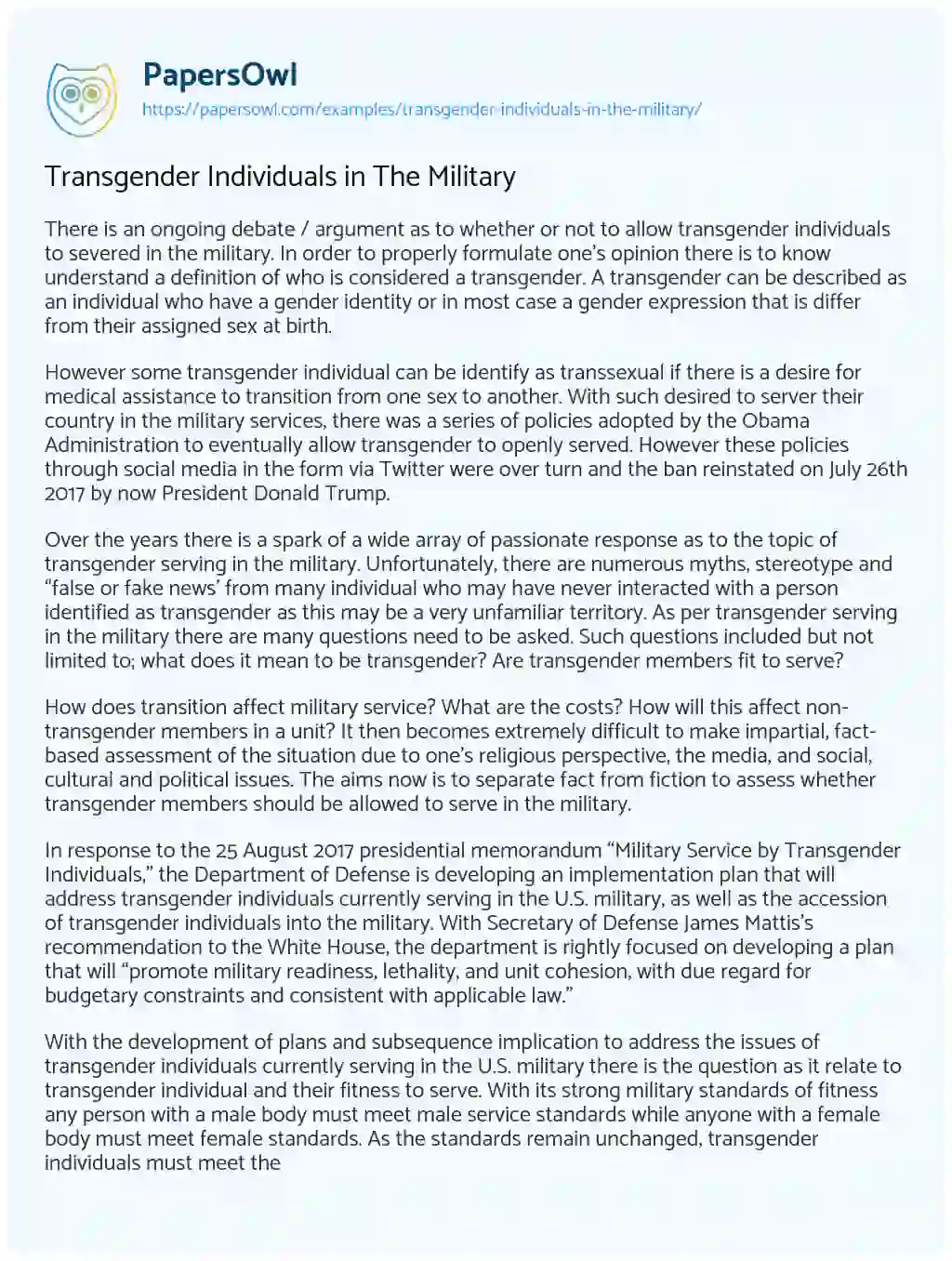 Essay on Transgender Individuals in the Military