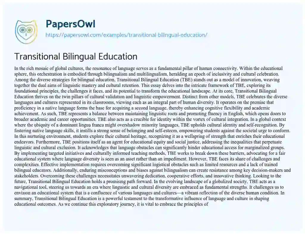 Essay on Transitional Bilingual Education