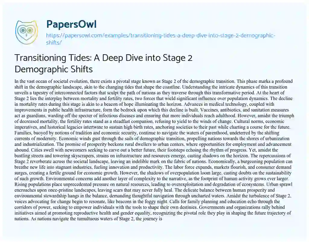 Essay on Transitioning Tides: a Deep Dive into Stage 2 Demographic Shifts