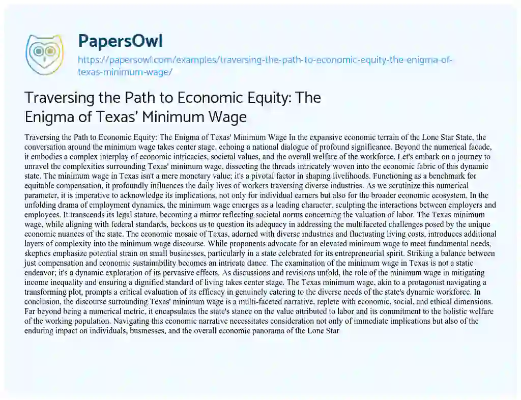 Essay on Traversing the Path to Economic Equity: the Enigma of Texas’ Minimum Wage