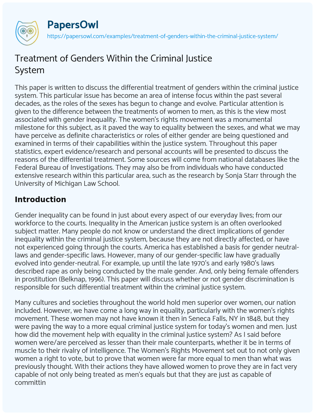 Essay on Treatment of Genders Within the Criminal Justice System