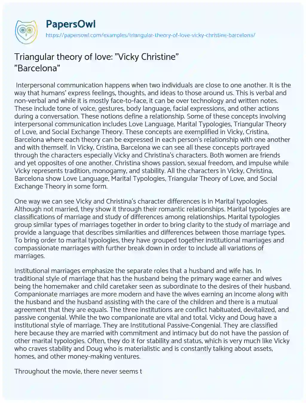 Essay on Triangular Theory of Love: “Vicky Christine” “Barcelona”