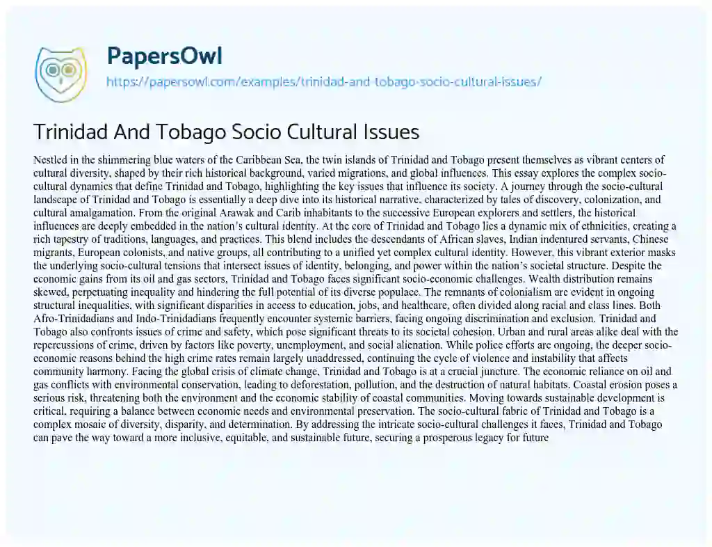 Essay on Trinidad and Tobago Socio Cultural Issues