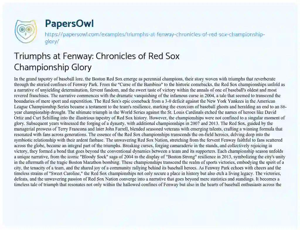 Essay on Triumphs at Fenway: Chronicles of Red Sox Championship Glory