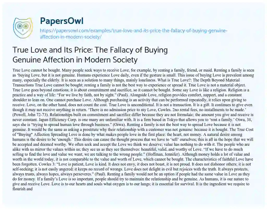 Essay on True Love and its Price: the Fallacy of Buying Genuine Affection in Modern Society