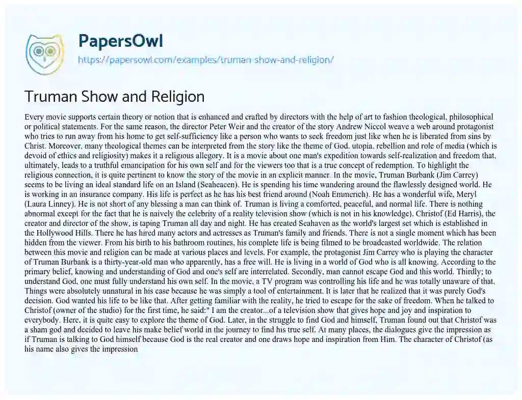Essay on Truman Show and Religion