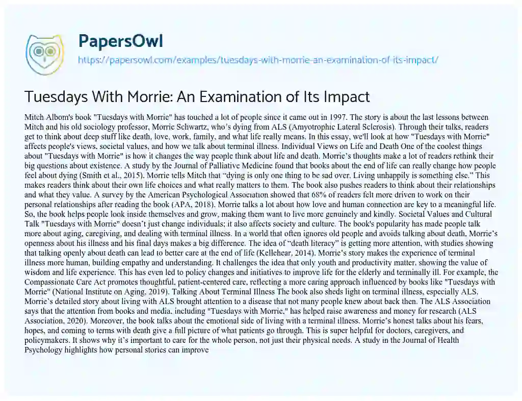 Essay on Tuesdays with Morrie: an Examination of its Impact