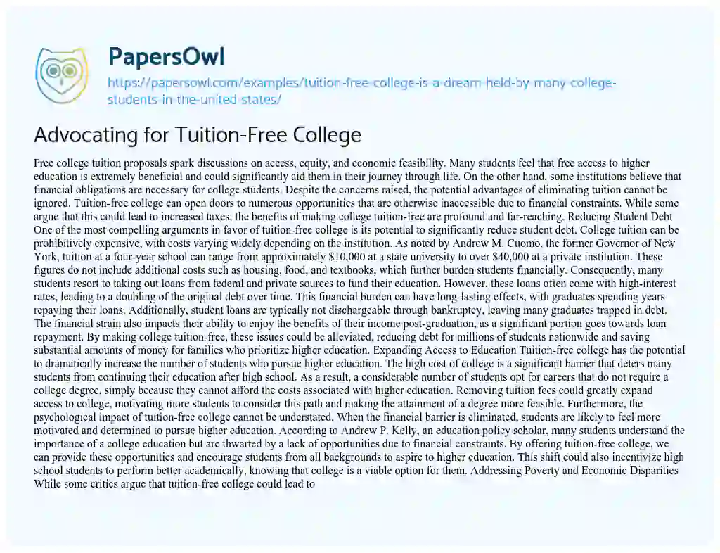 Essay on Tuition-free College is a Dream Held by Many College Students in the United States