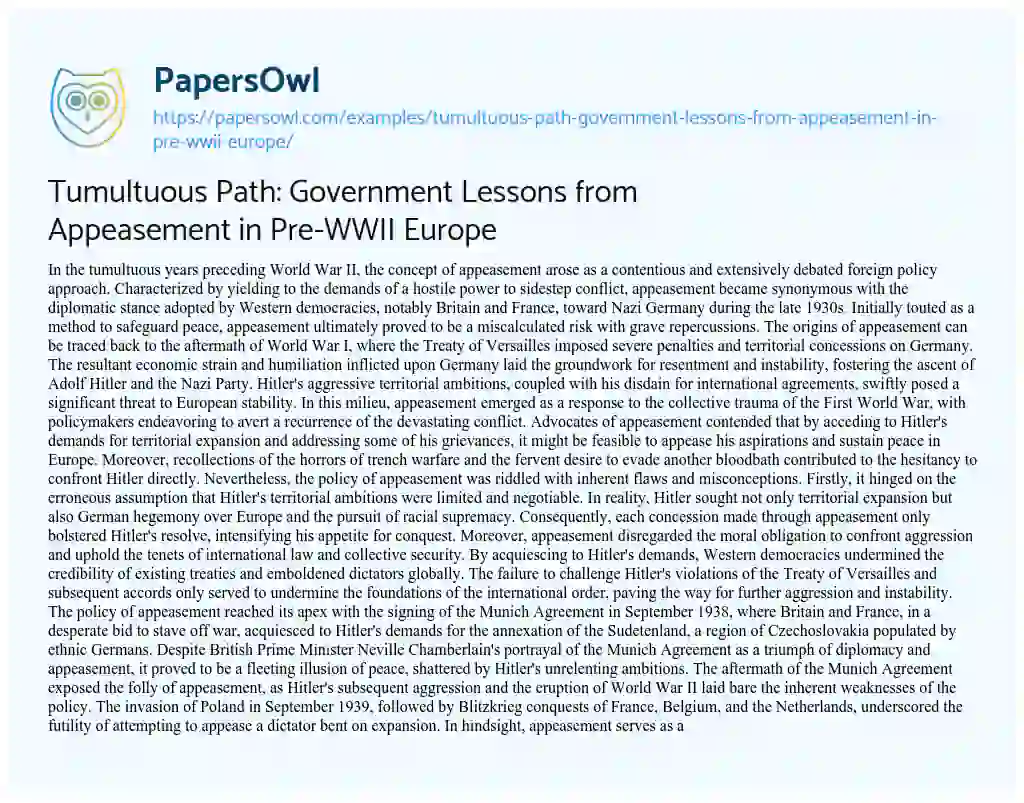 Essay on Tumultuous Path: Government Lessons from Appeasement in Pre-WWII Europe